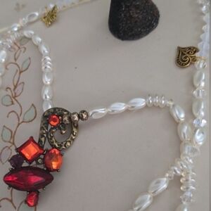 Set Edwardian Pendant W Marking  Crystal Pearl Chain Matching Filigree Earrings